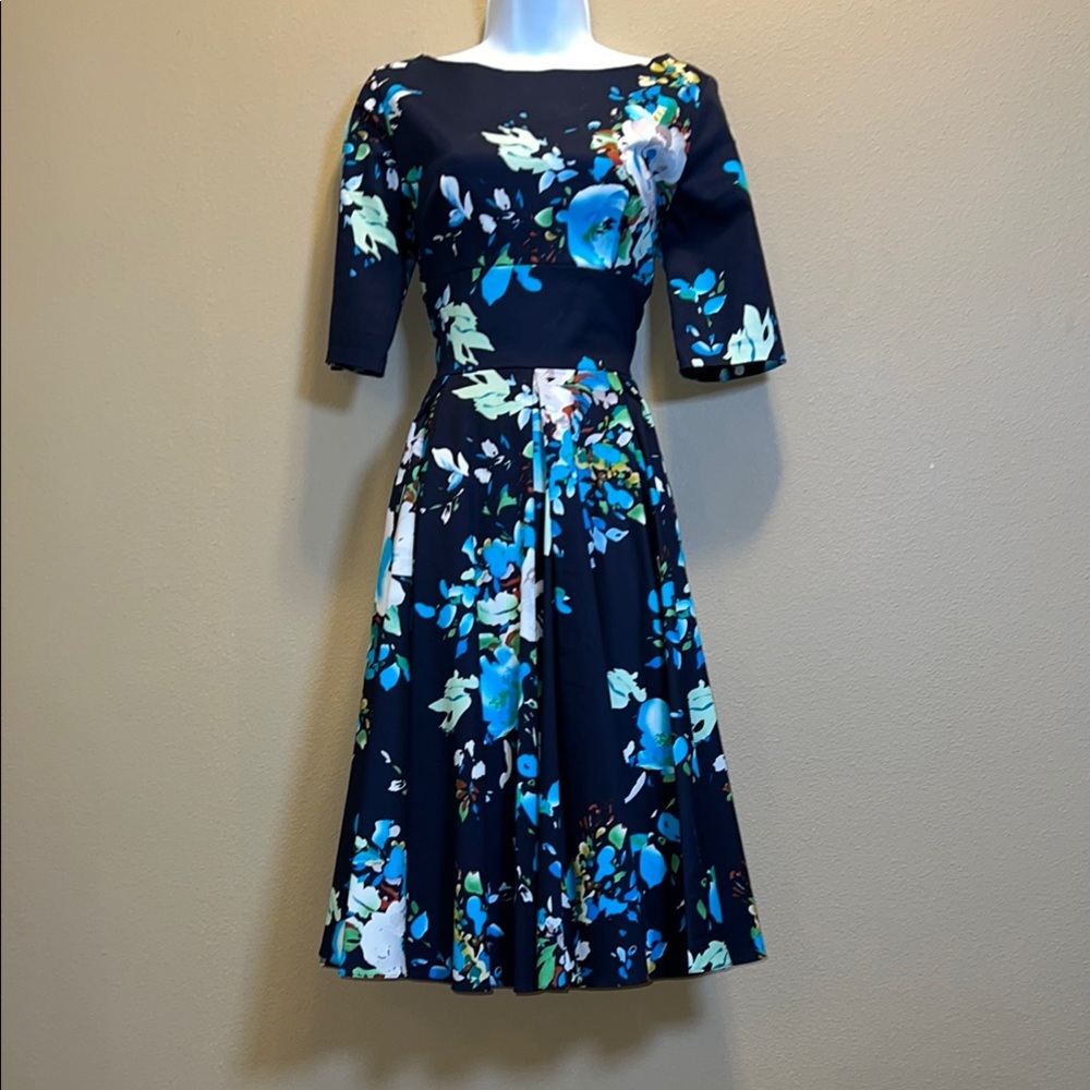 Chic Floral Midi Dress - Black and Blue